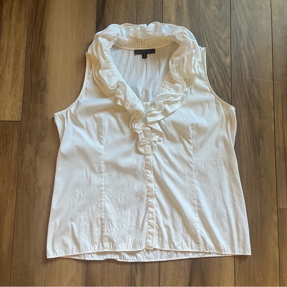 Lafayette 148 New York Ruffle Ivory Sleeveless Blouse Size 12